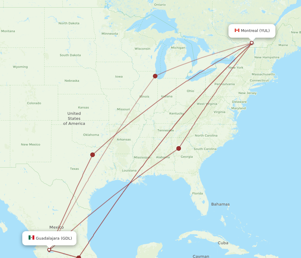 YUL to GDL flights and routes map