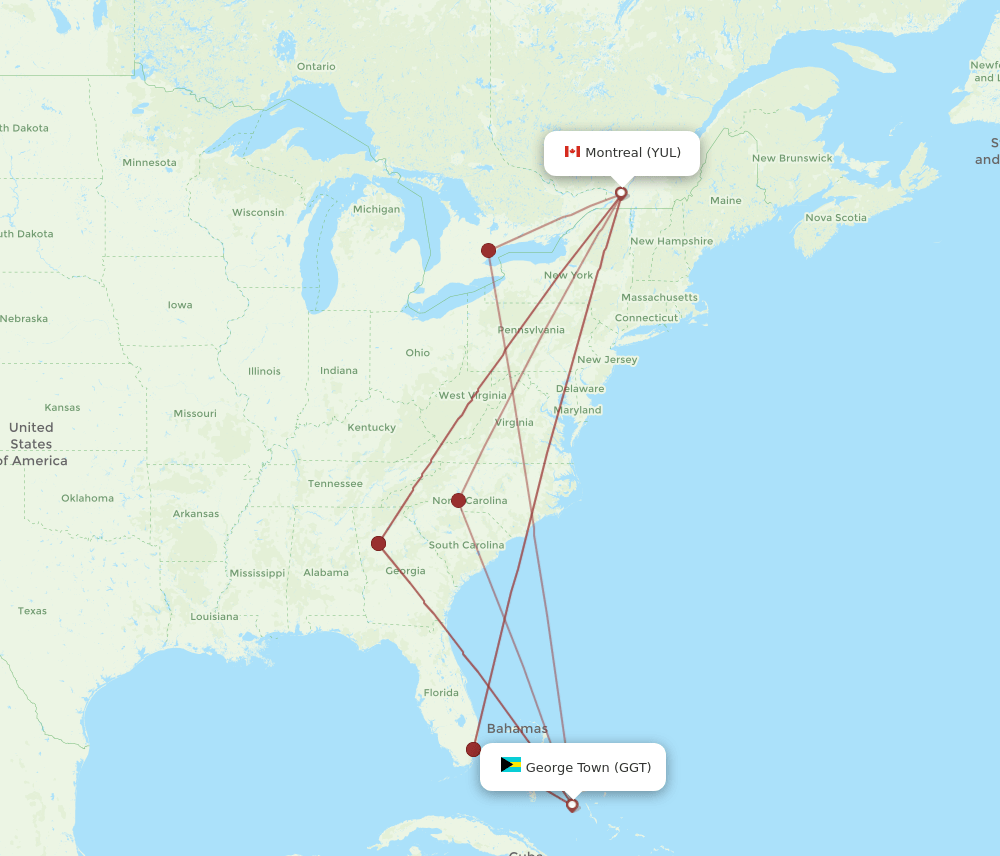 YUL to GGT flights and routes map