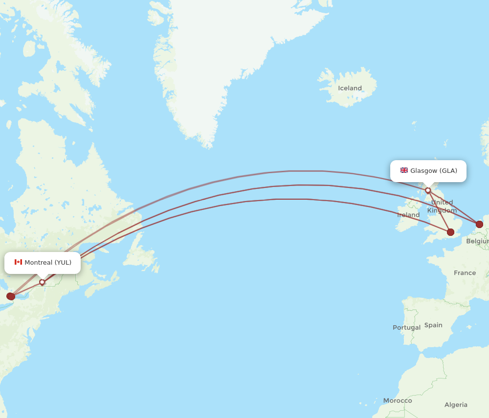 YUL to GLA flights and routes map
