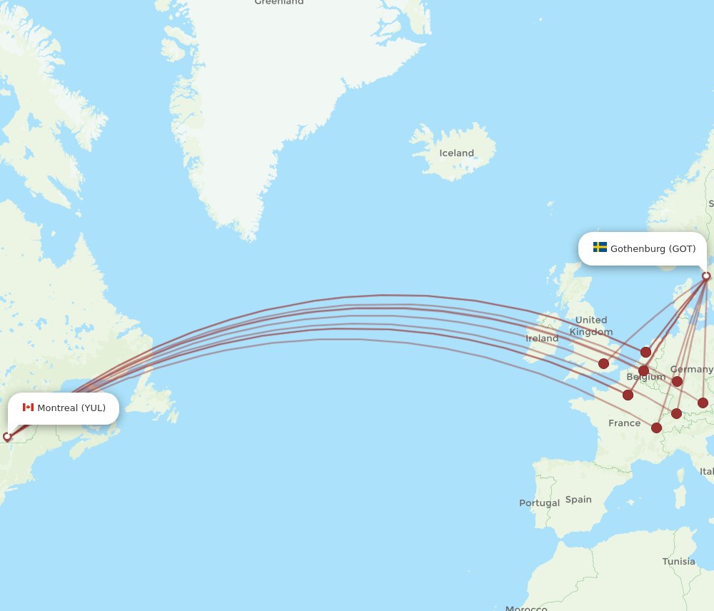 YUL to GOT flights and routes map