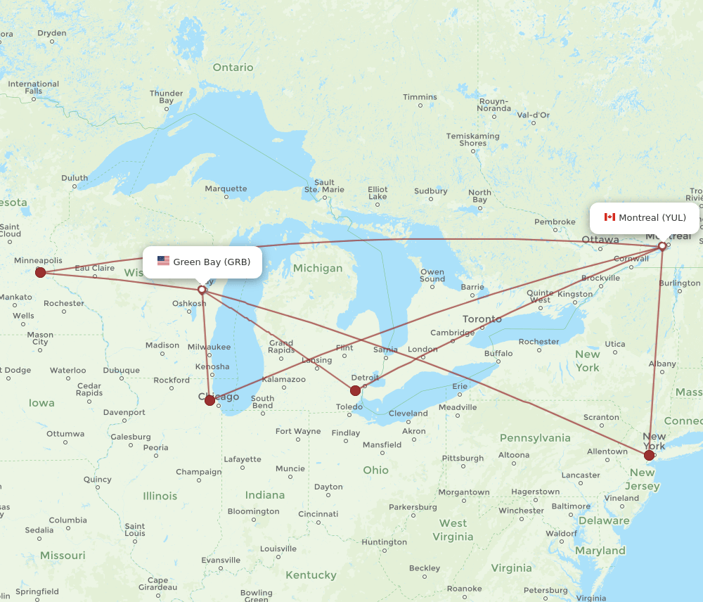 YUL-GRB flight routes