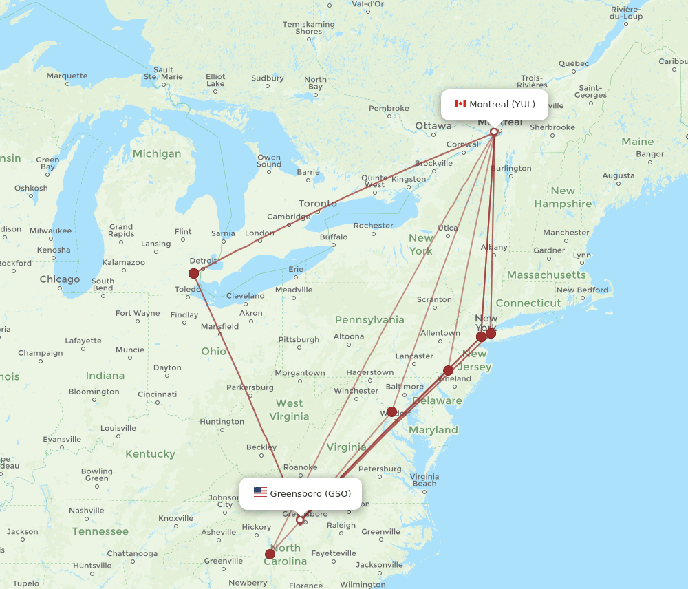 YUL to GSO flights and routes map