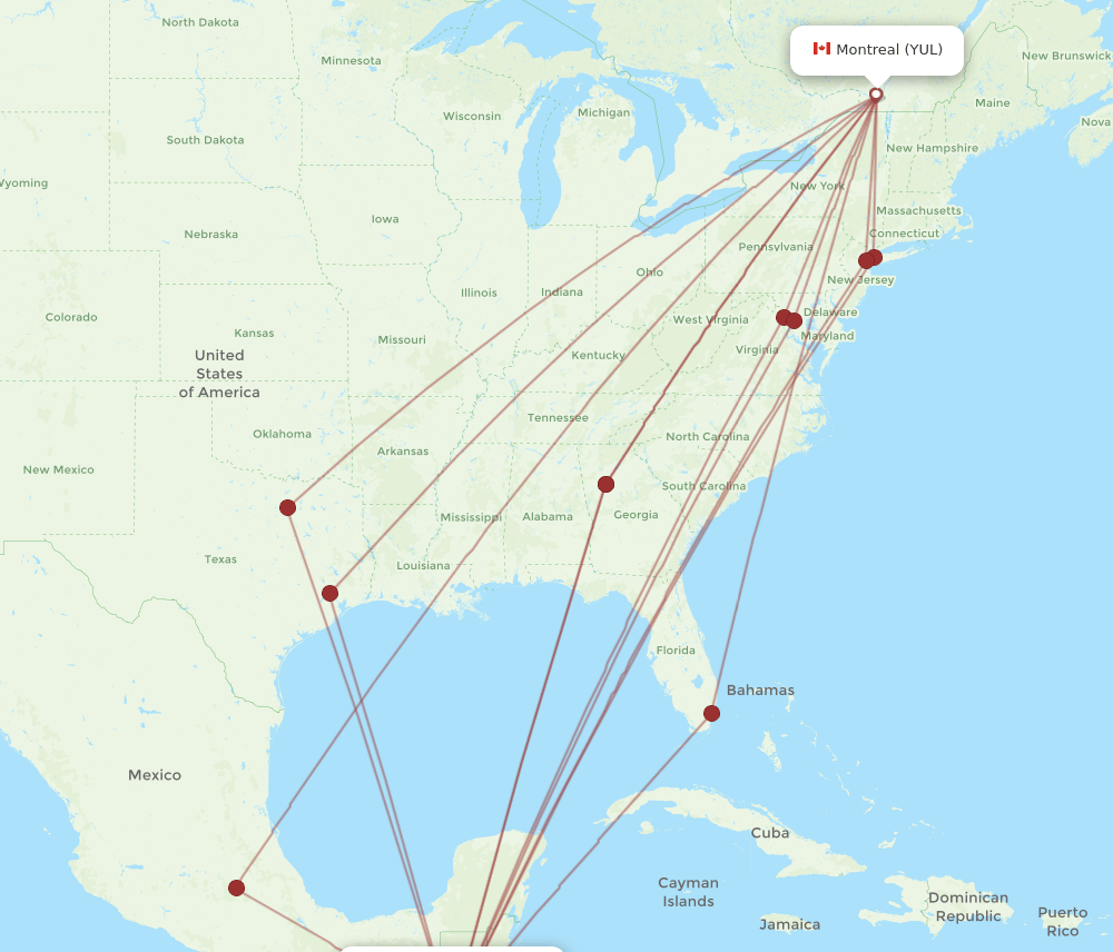 YUL to GUA flights and routes map