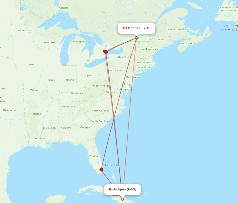 YUL to HOG flights and routes map