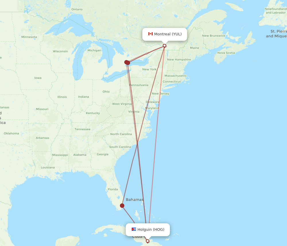 YUL-HOG flight routes