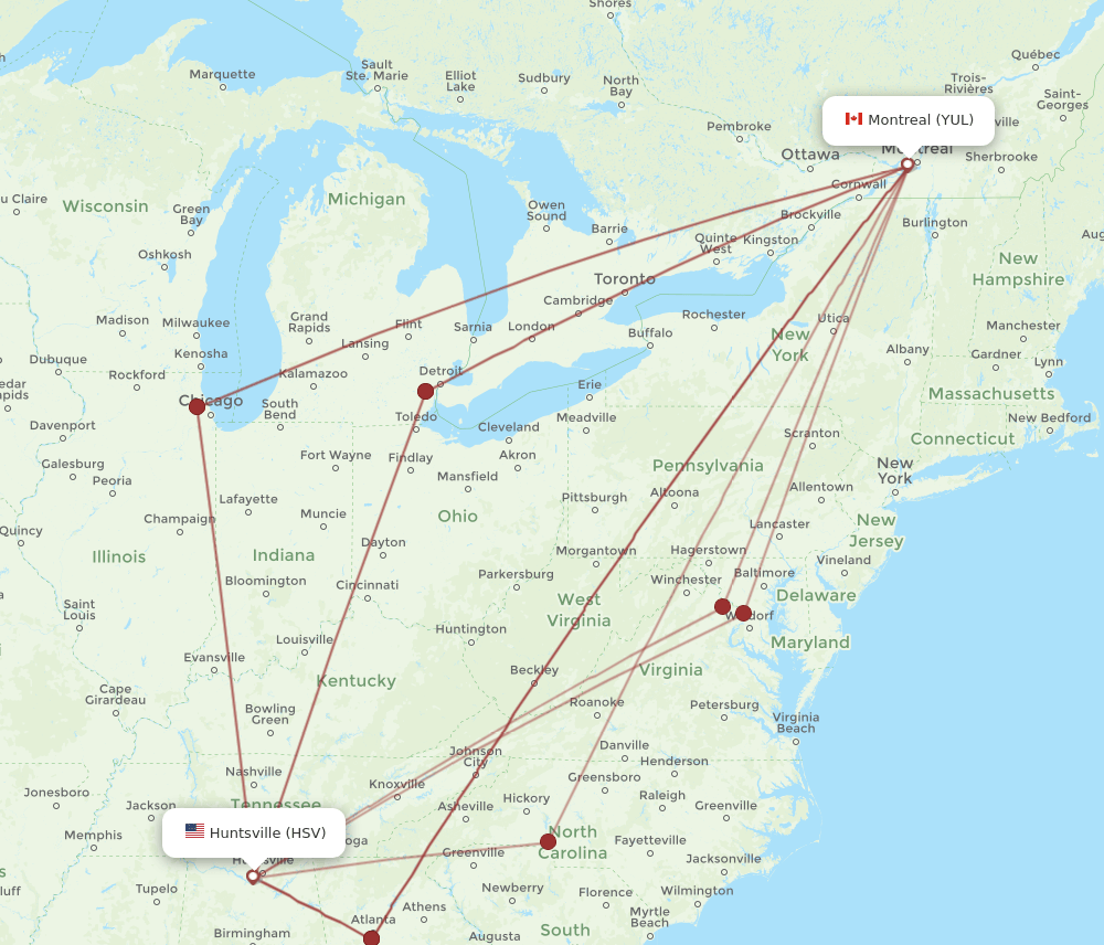 YUL-HSV flight routes