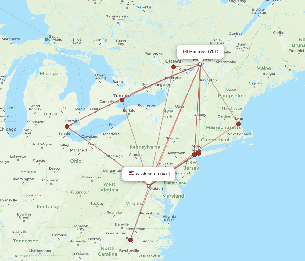 YUL to IAD flights and routes map