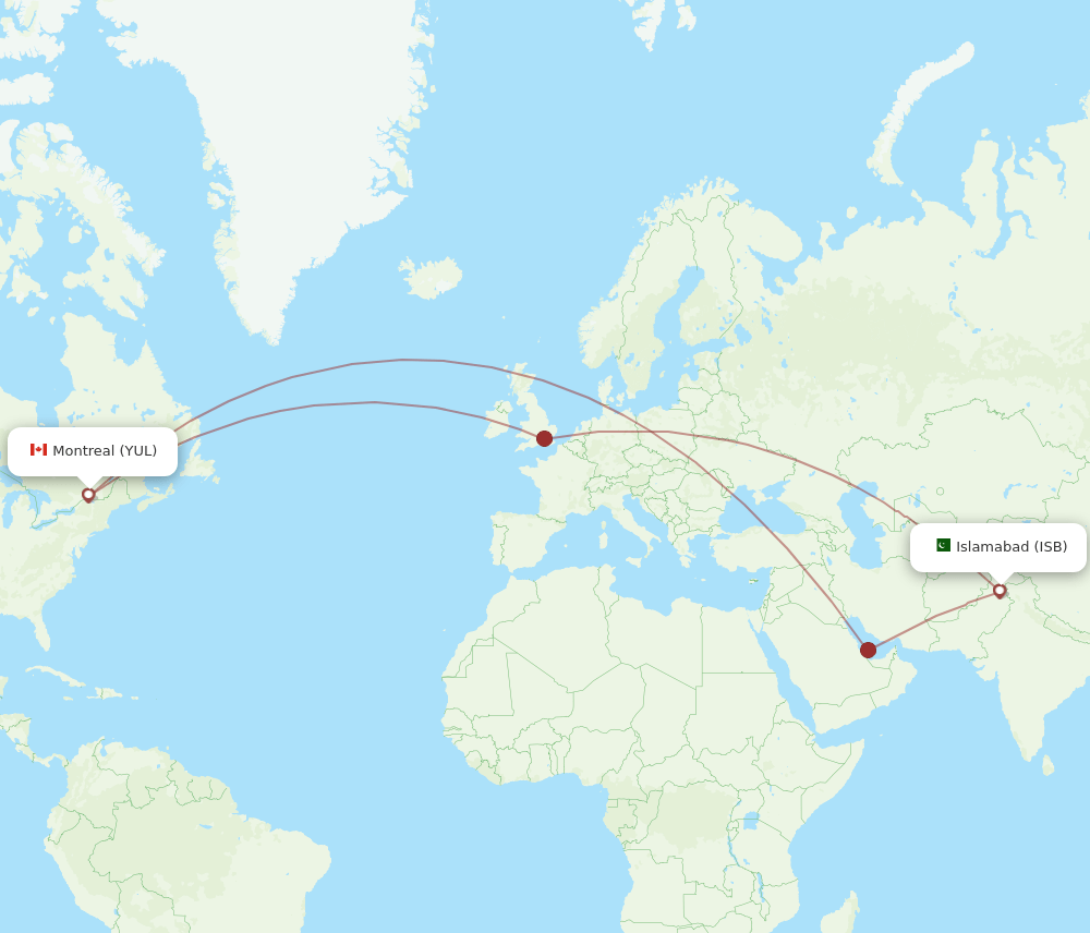 YUL to ISB flights and routes map