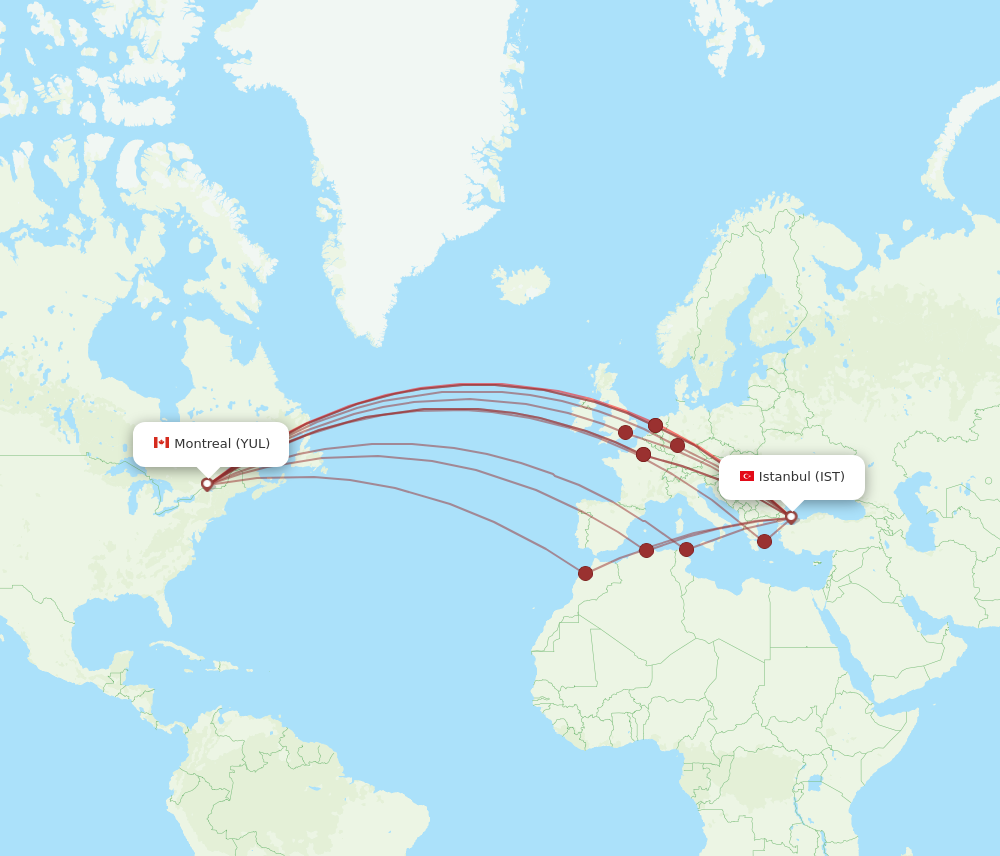 YUL to IST flights and routes map