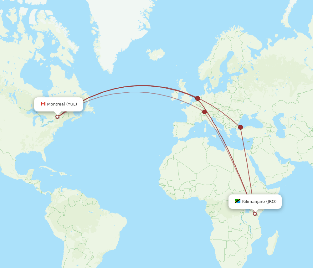 Kilimanjaro - Montreal route map and flight paths