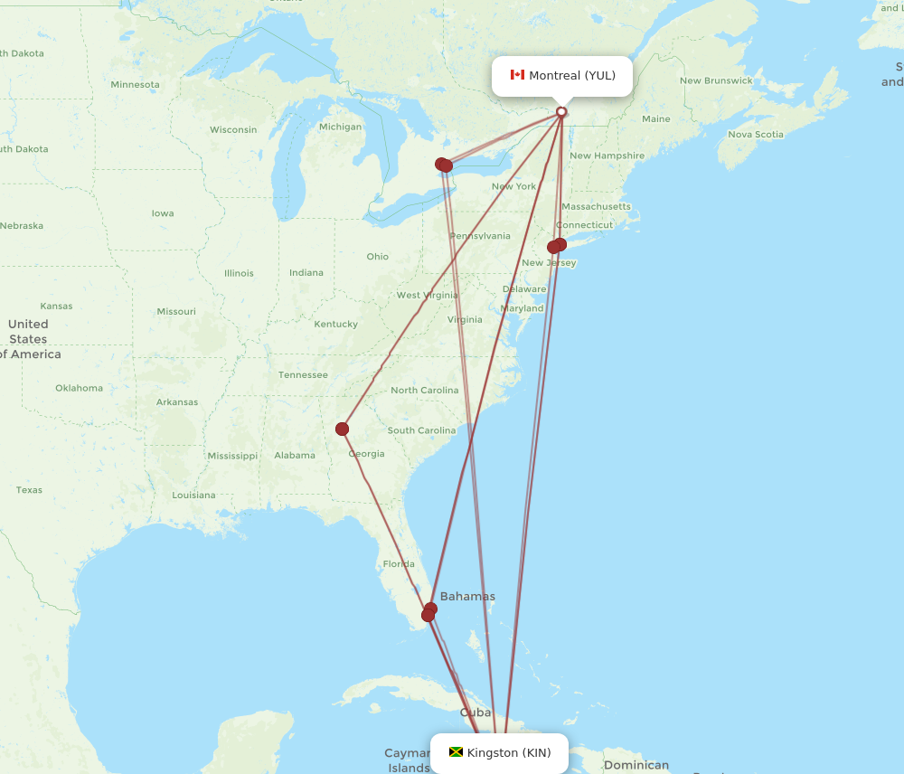 YUL to KIN flights and routes map