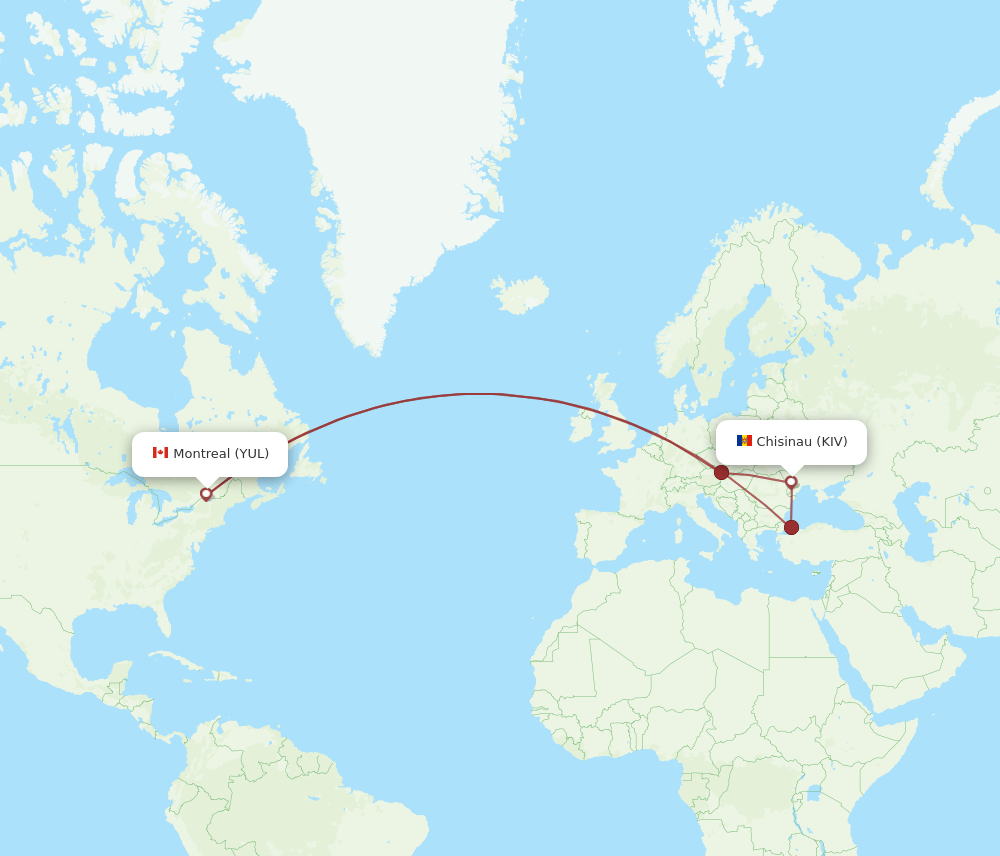 Montreal - Chisinau route map and flight paths