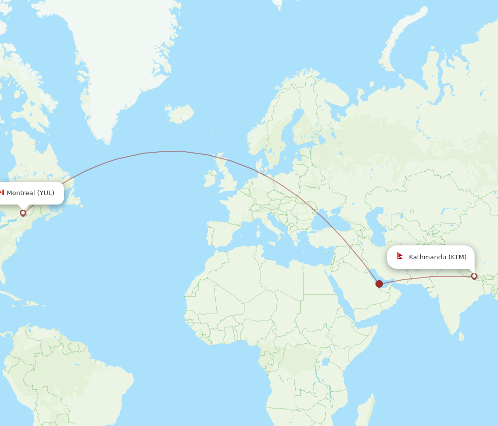 YUL to KTM flights and routes map