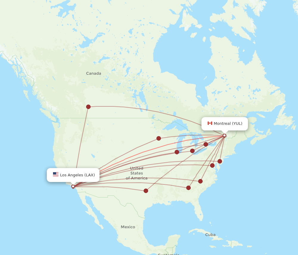 YUL to LAX flights and routes map