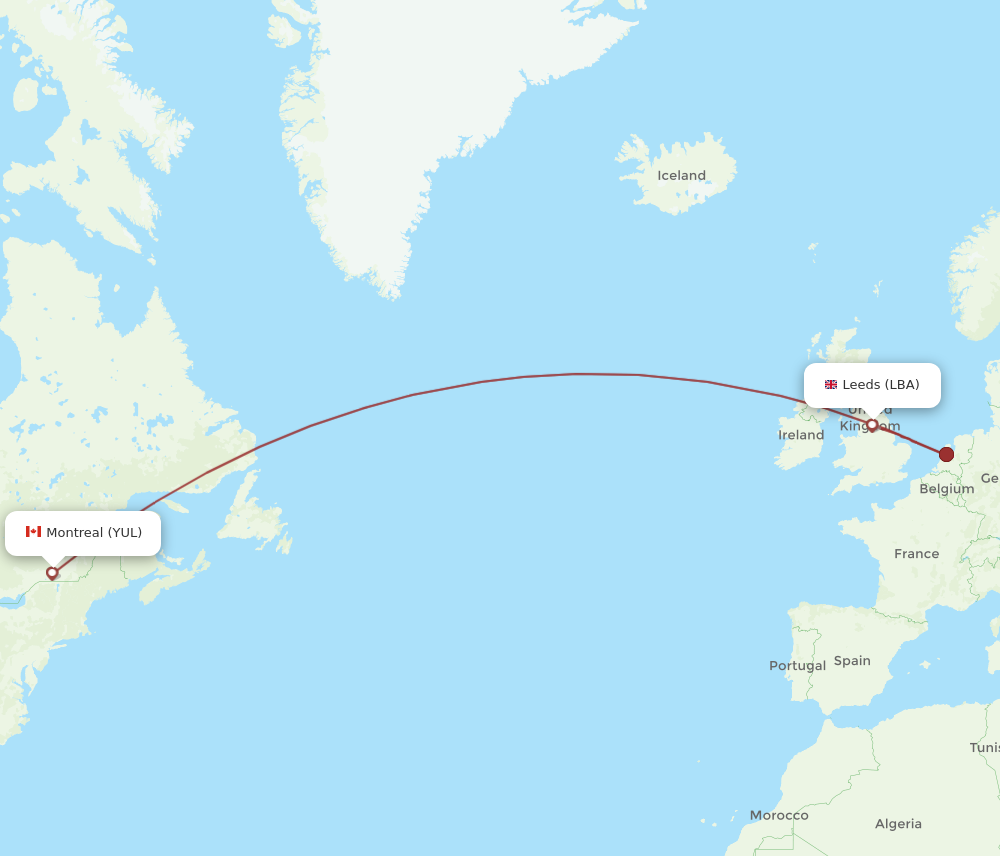 YUL to LBA flights and routes map
