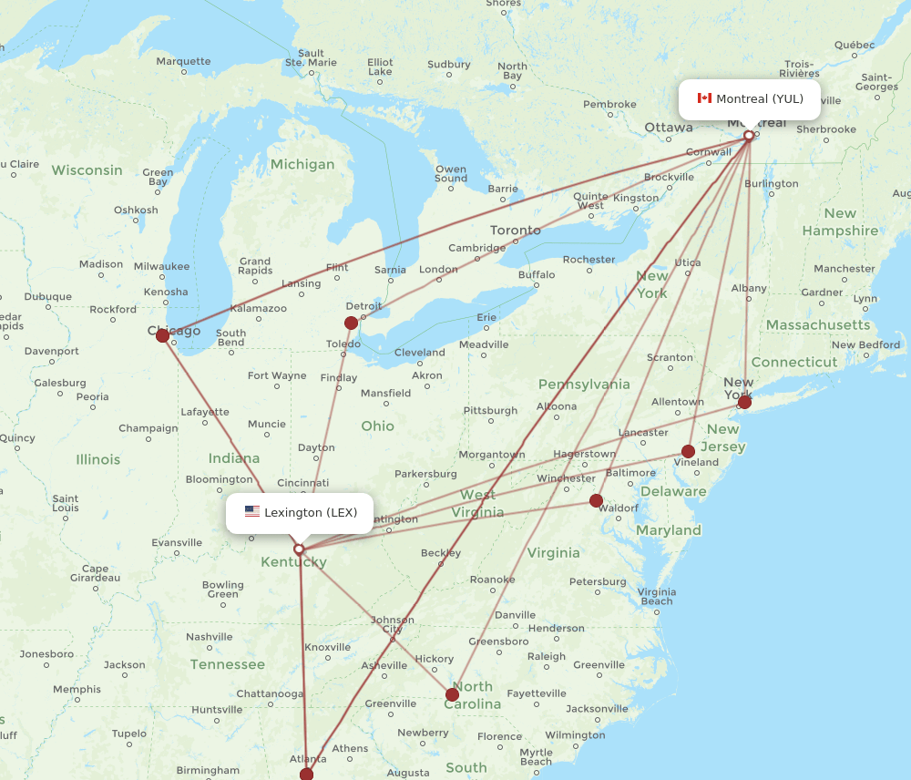 YUL to LEX flights and routes map