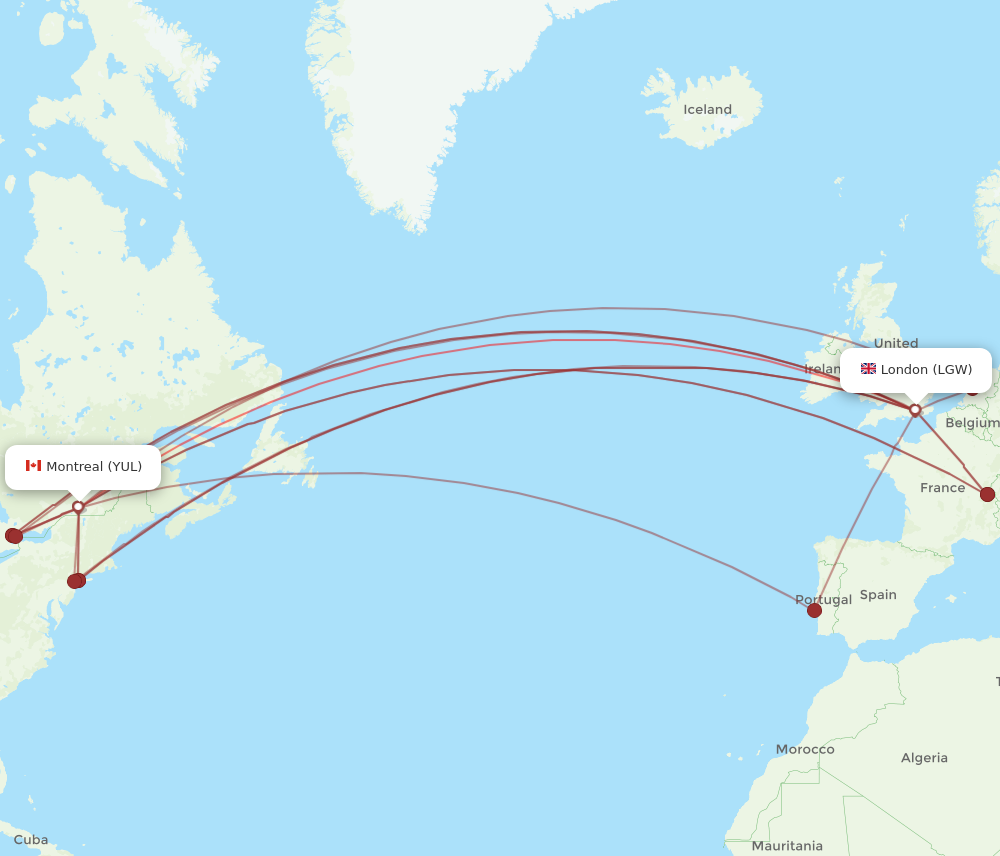 YUL to LGW flights and routes map