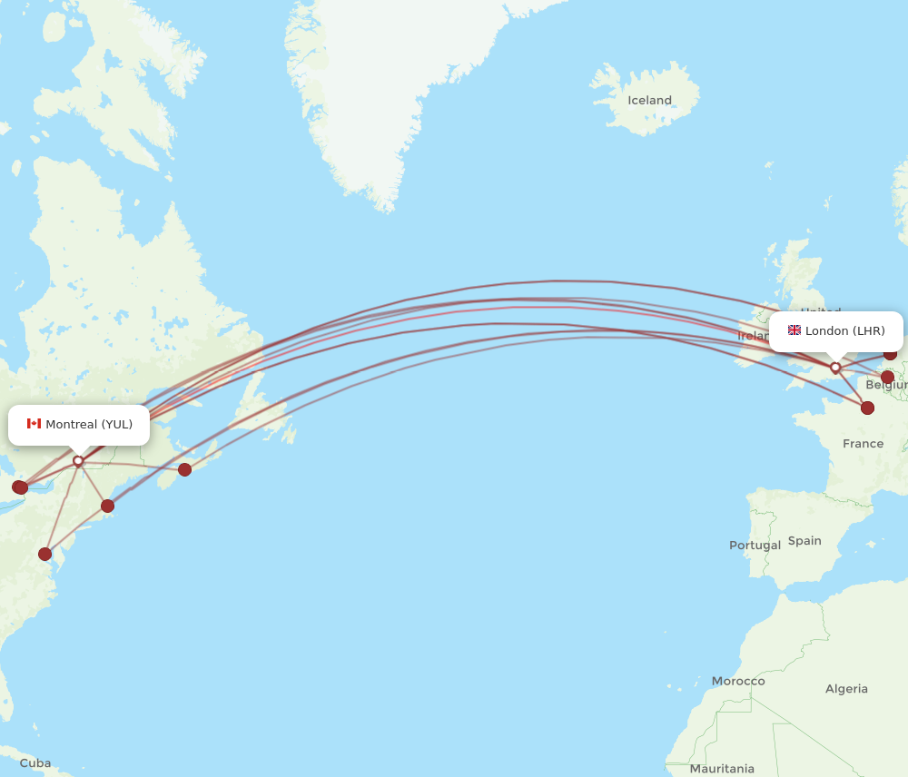 YUL to LHR flights and routes map