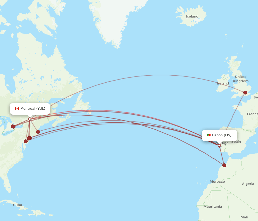 YUL to LIS flights and routes map