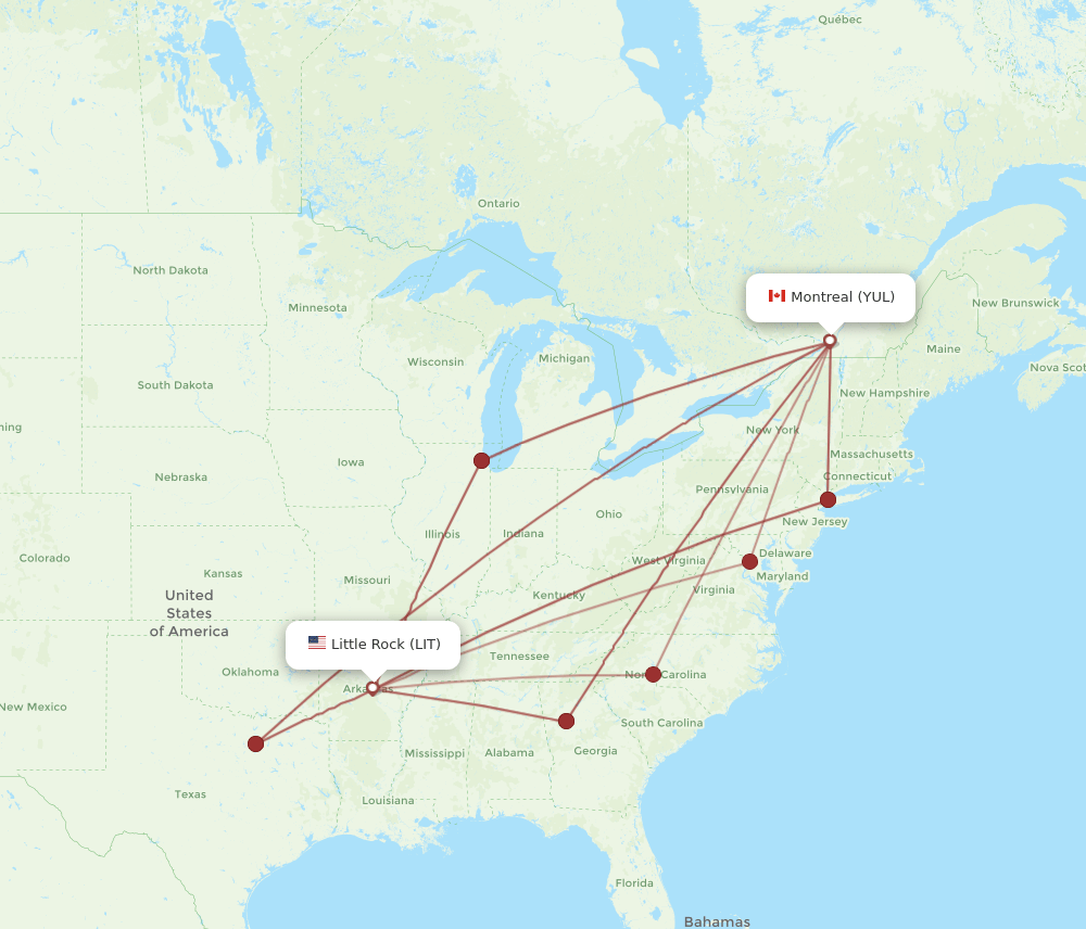 YUL to LIT flights and routes map