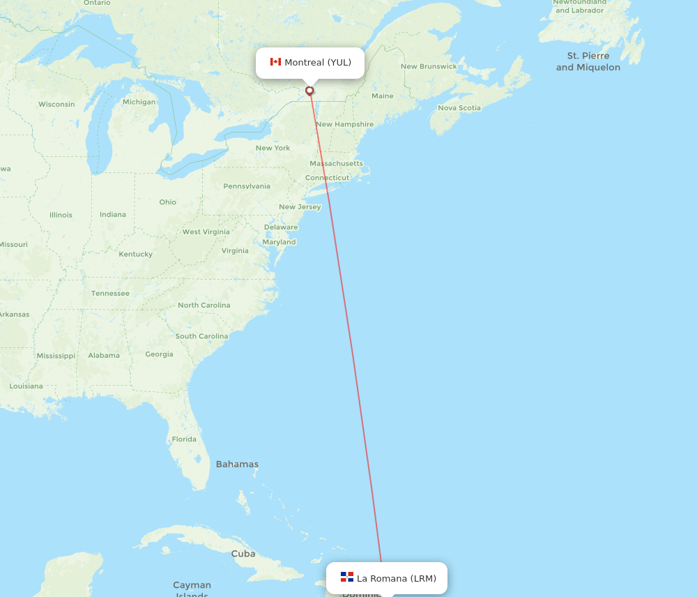 Montreal - La Romana route map and flight paths