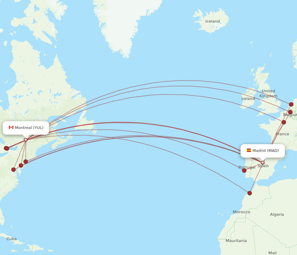 YUL to MAD flights and routes map