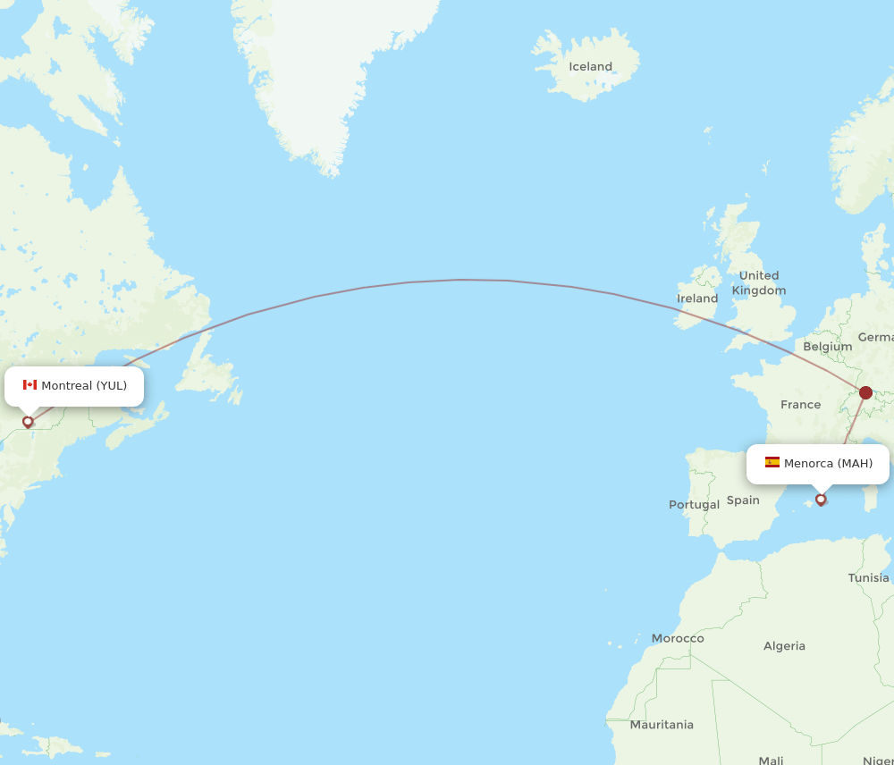YUL to MAH flights and routes map