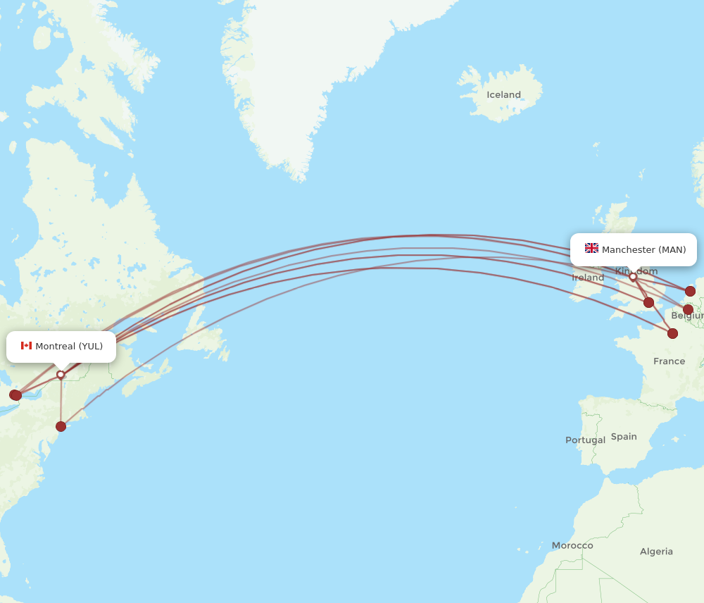 YUL to MAN flights and routes map
