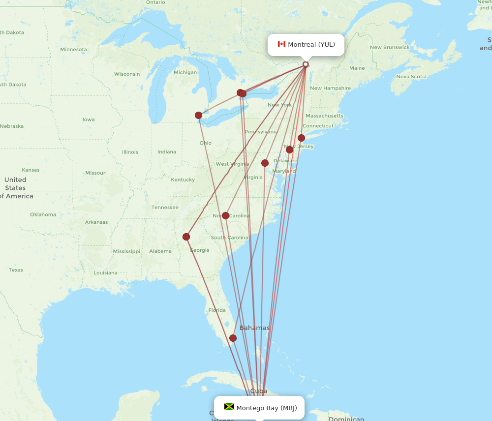 YUL to MBJ flights and routes map