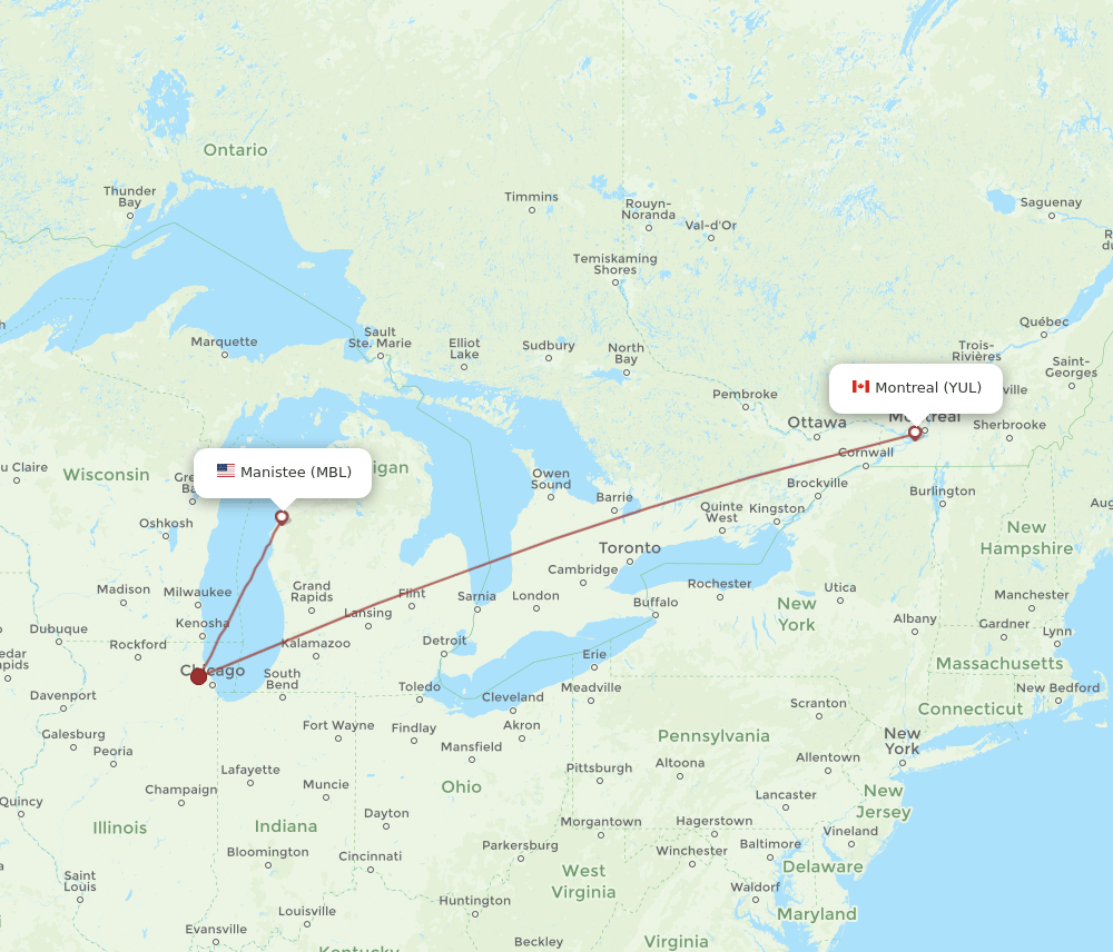YUL to MBL flights and routes map