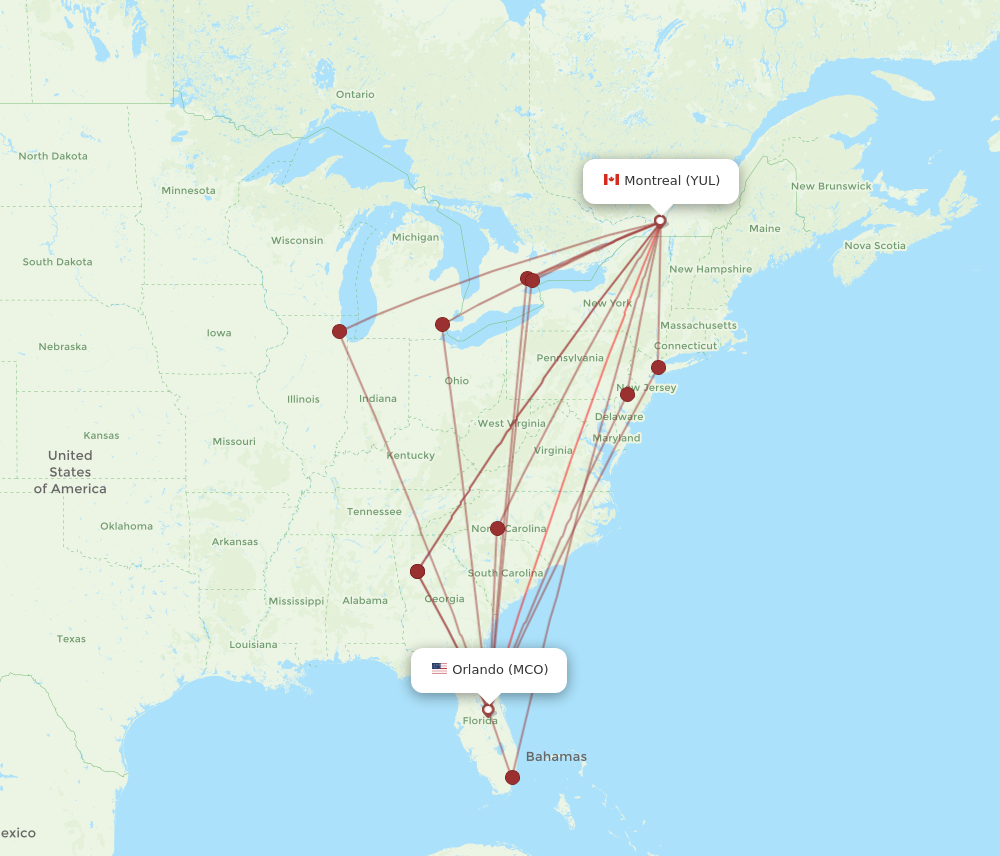 YUL to MCO flights and routes map