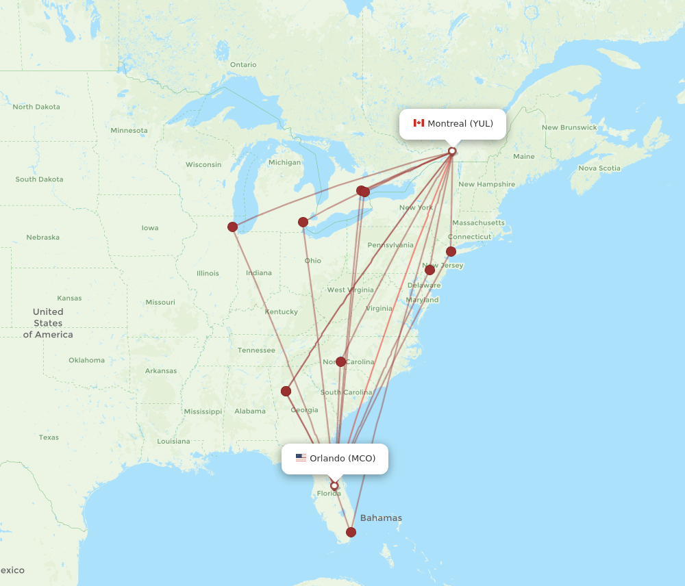 YUL to MCO flights and routes map