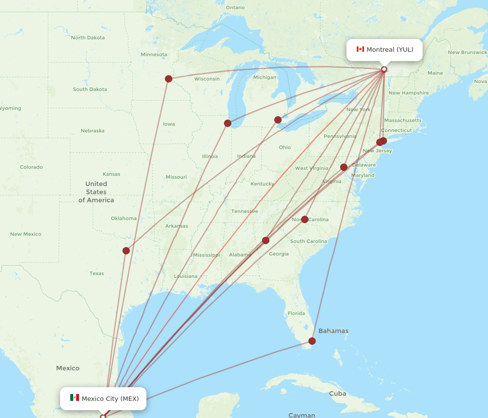 YUL to MEX flights and routes map