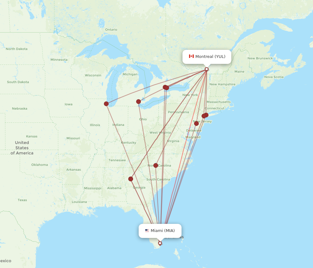 YUL to MIA flights and routes map