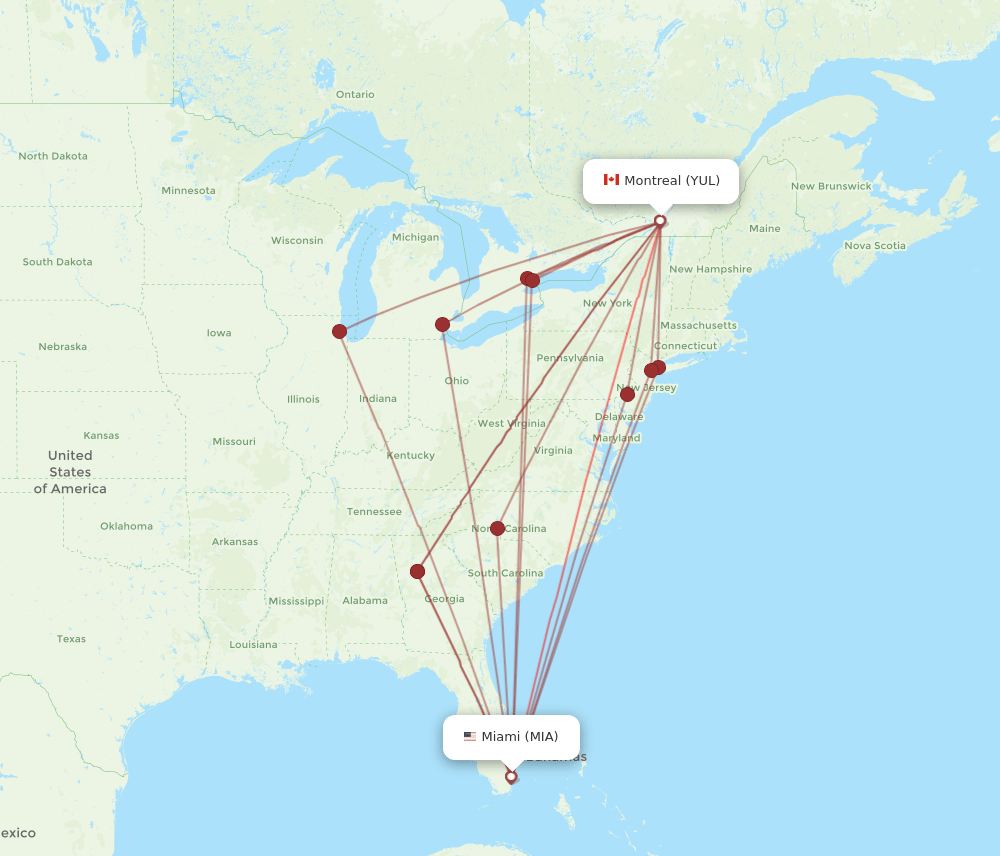 YUL to MIA flights and routes map