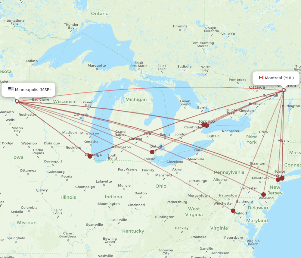 YUL to MSP flights and routes map