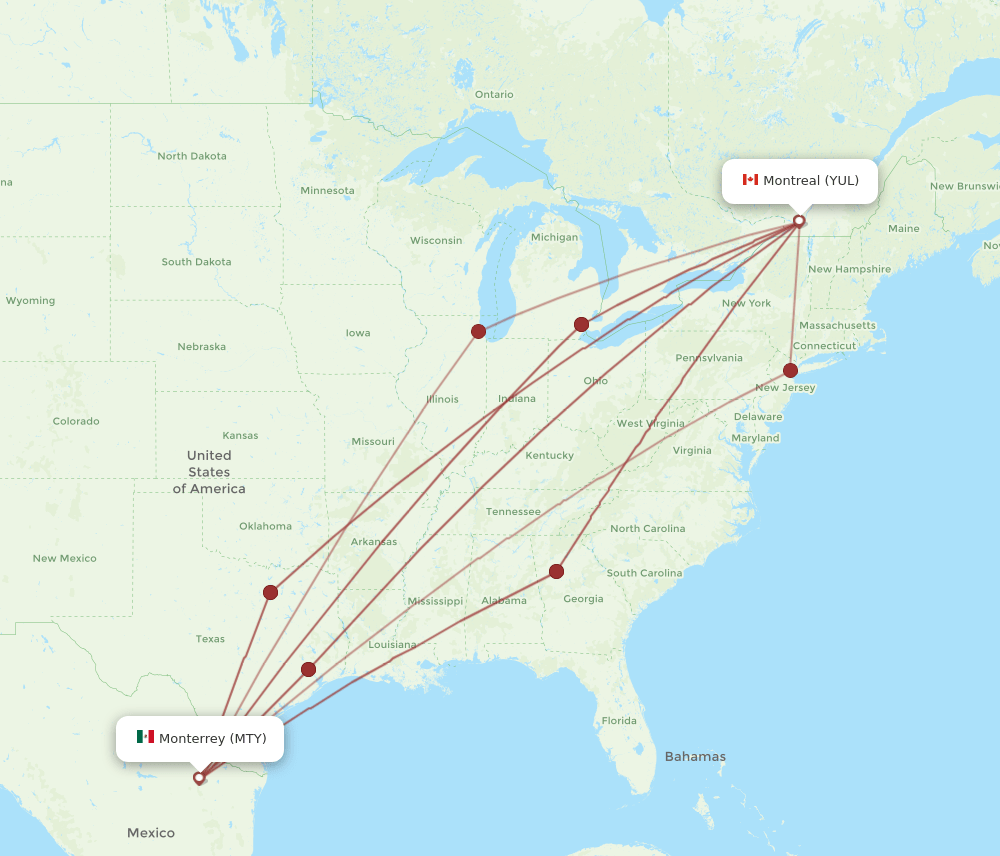 YUL to MTY flights and routes map