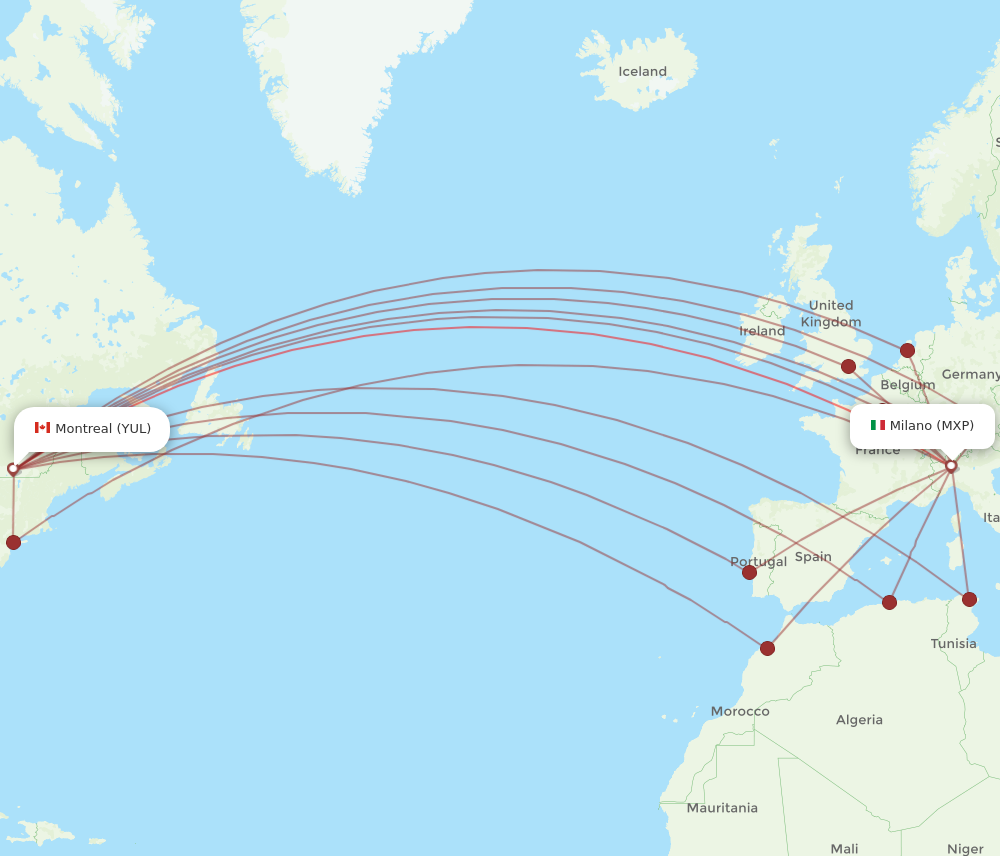 YUL to MXP flights and routes map