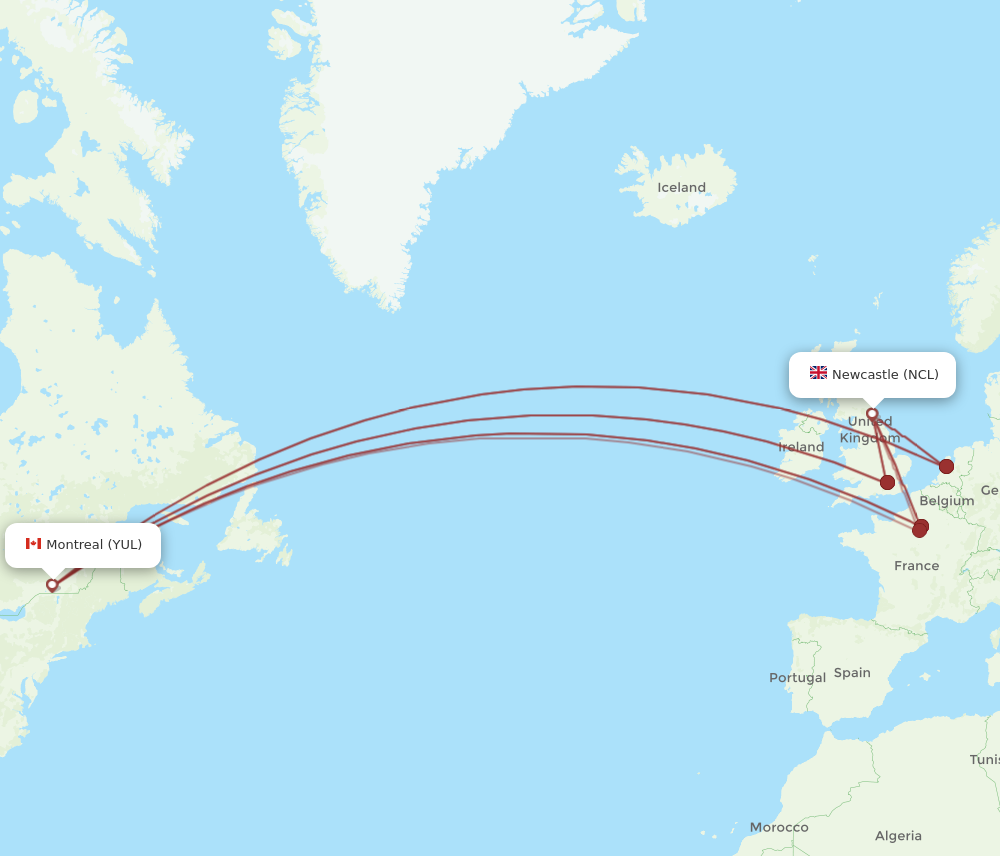 YUL to NCL flights and routes map
