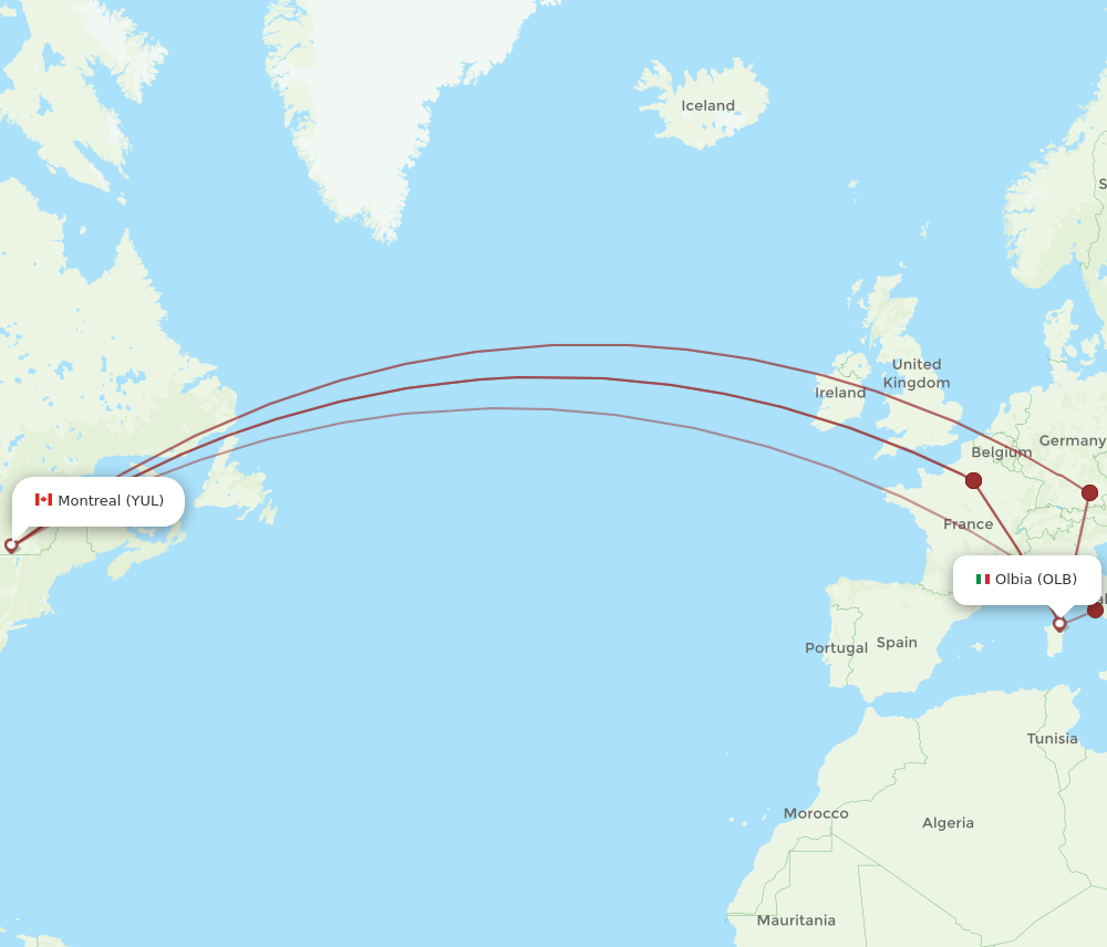YUL to OLB flights and routes map