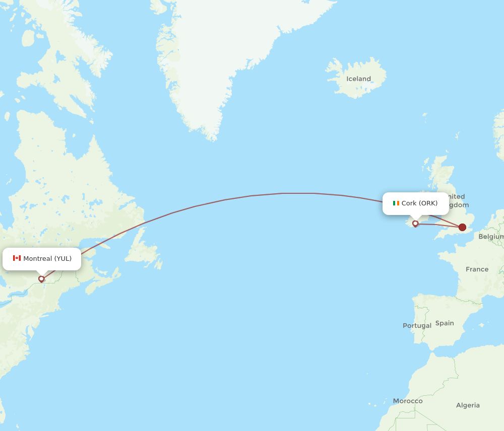 YUL to ORK flights and routes map