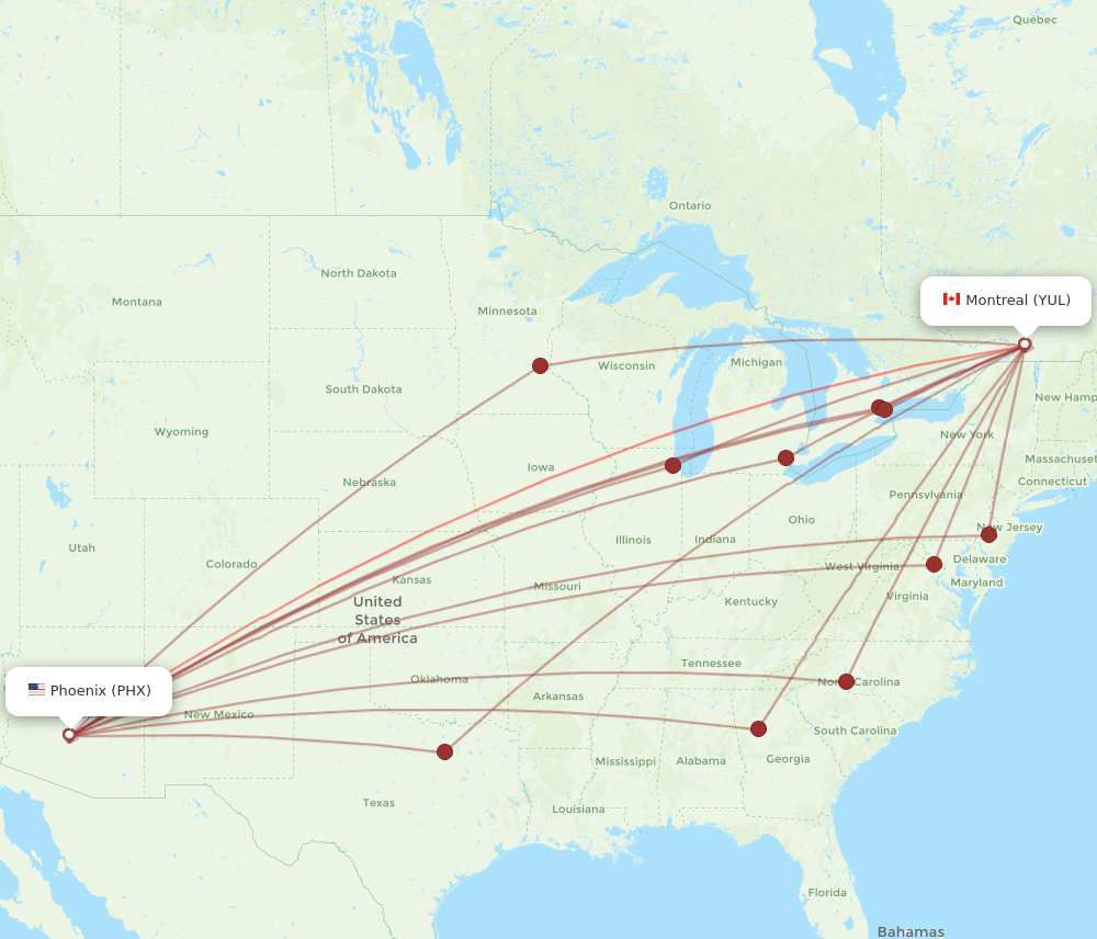 YUL to PHX flights and routes map