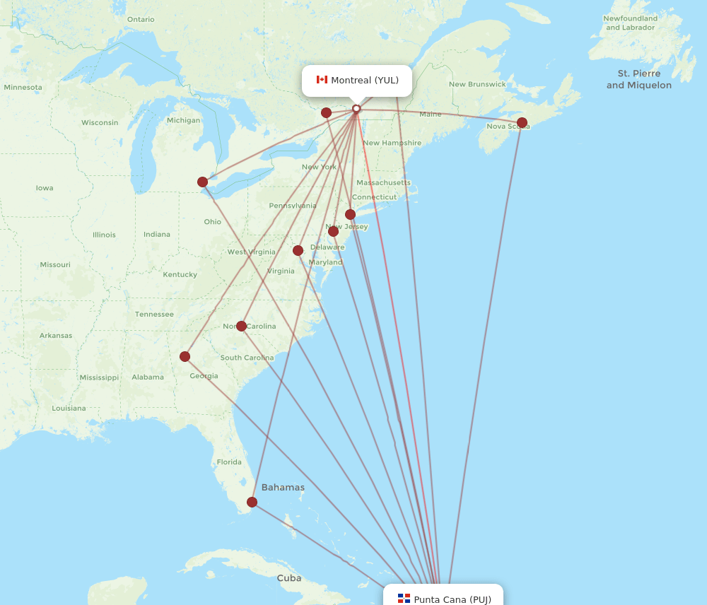 YUL to PUJ flights and routes map