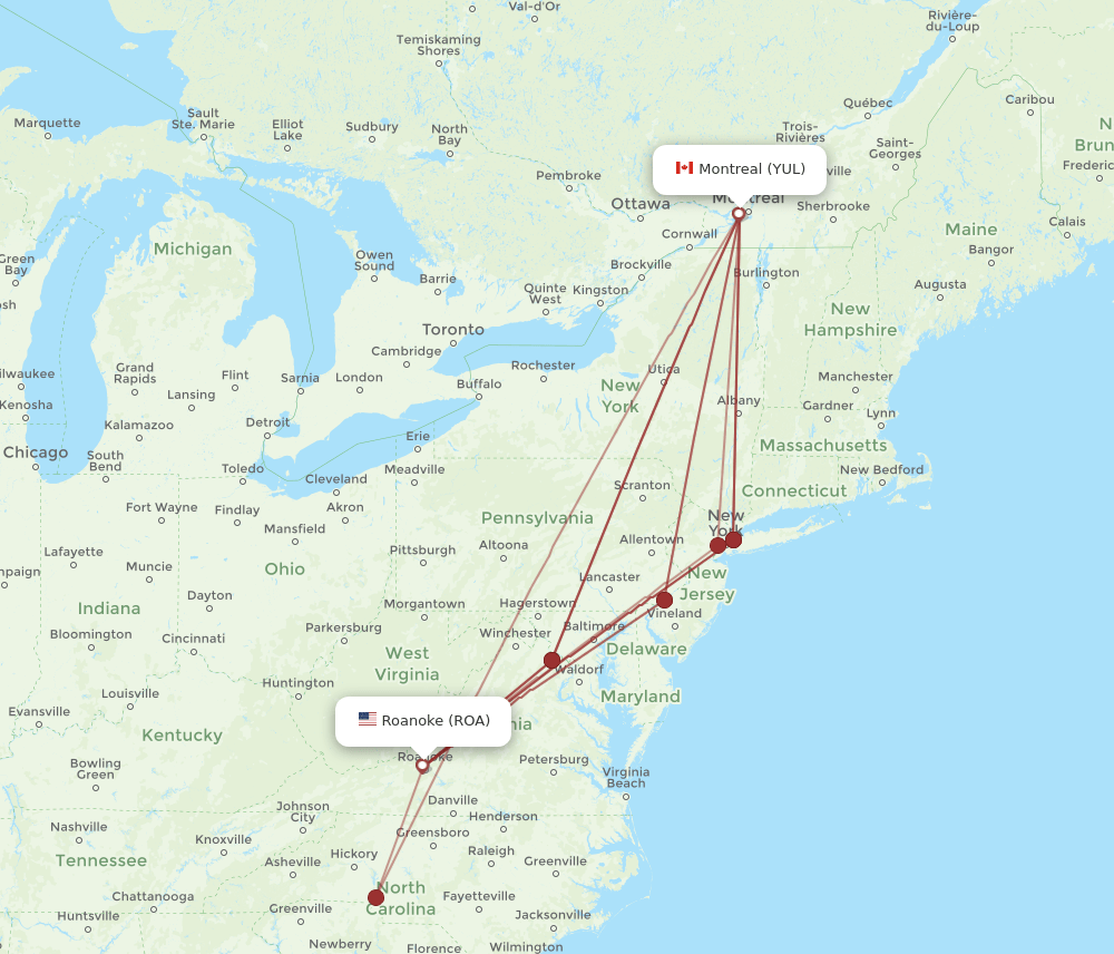 YUL to ROA flights and routes map