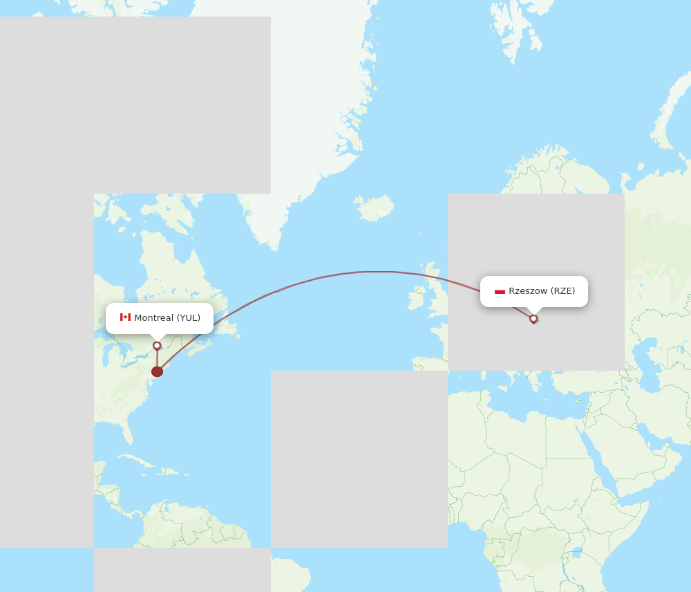 RZE to YUL flights and routes map