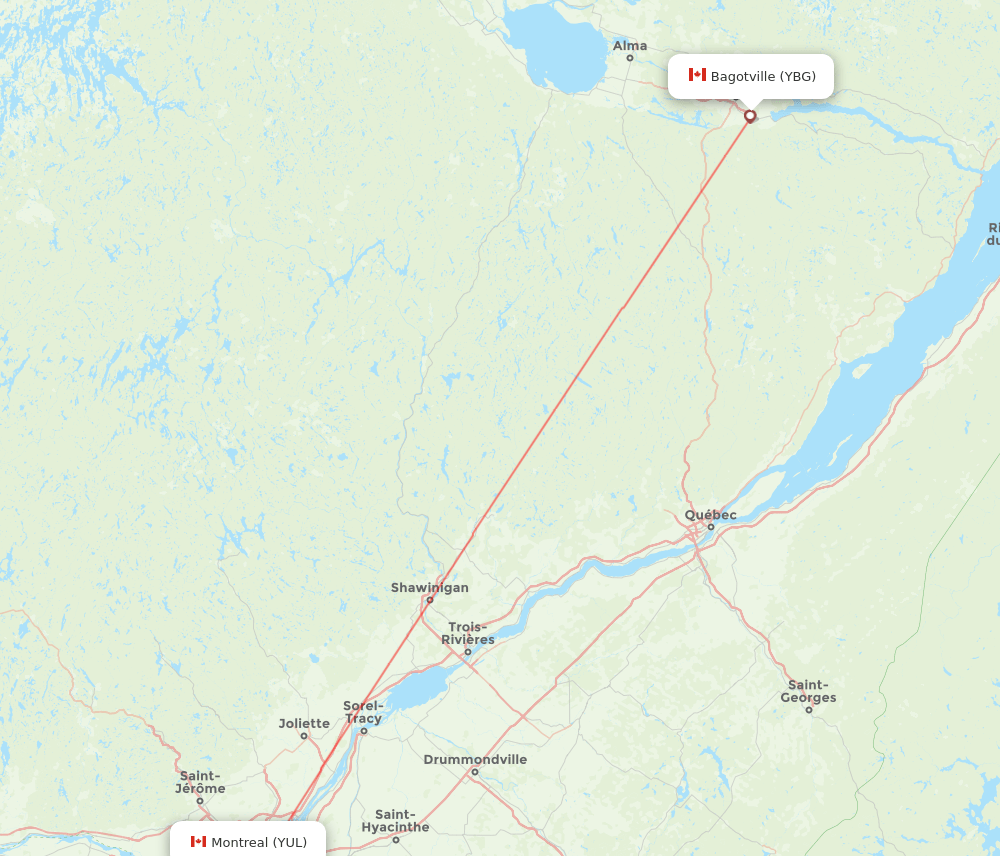 YUL to YBG flights and routes map