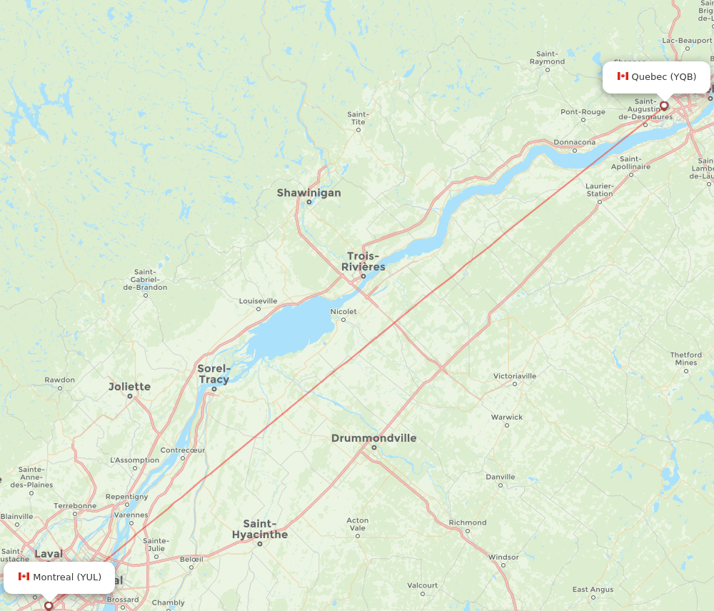 Montreal - Quebec route map and flight paths