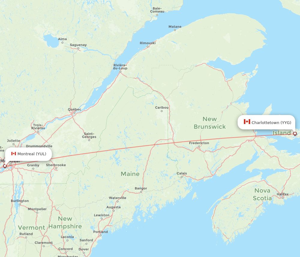 Montreal - Charlottetown route map and flight paths