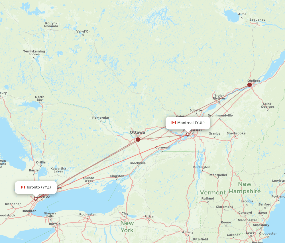 YUL to YYZ flights and routes map