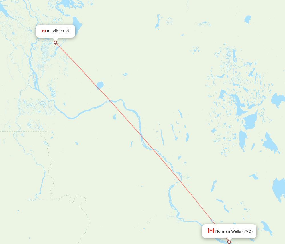 YVQ to YEV flights and routes map